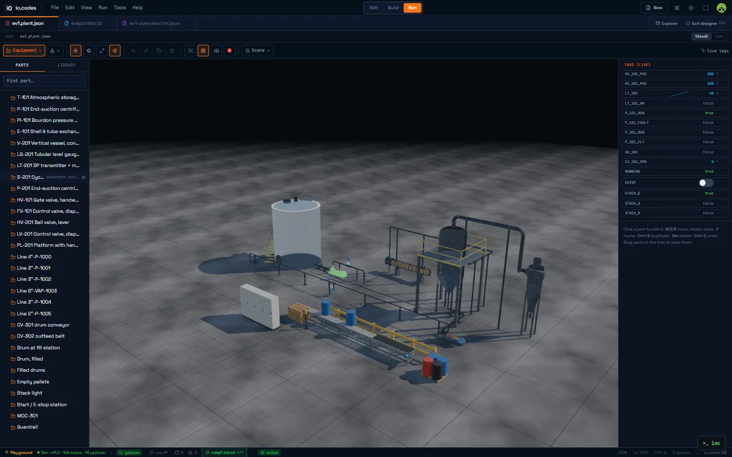 The io.codes IDE running a 3D twin of an evaporator unit and drum line, with live tag values beside it.