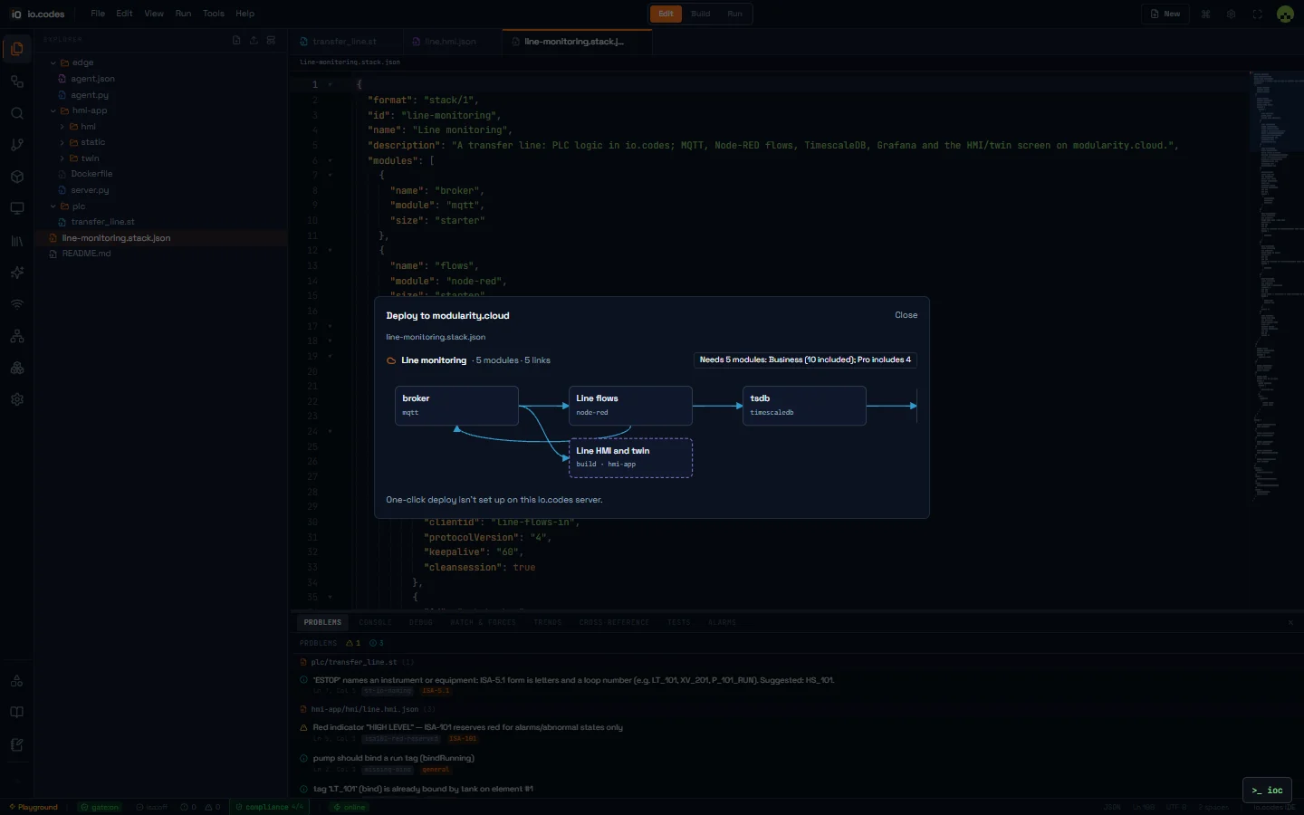 A dialog deploying a stack of linked modules, with a diagram of the stack.